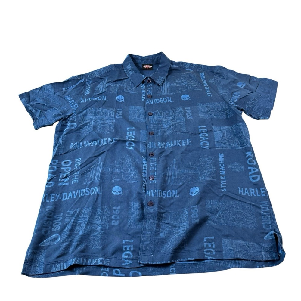 Harley Davidson Blue Skull Tori Richard Spellout Hawaiian Men's S/S Shirt XL - Picture 2 of 6